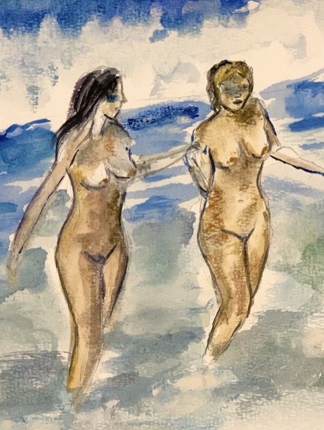 Detail of Girls at the Sea watercolor by Marina Stognieva, nude female figures in the sea